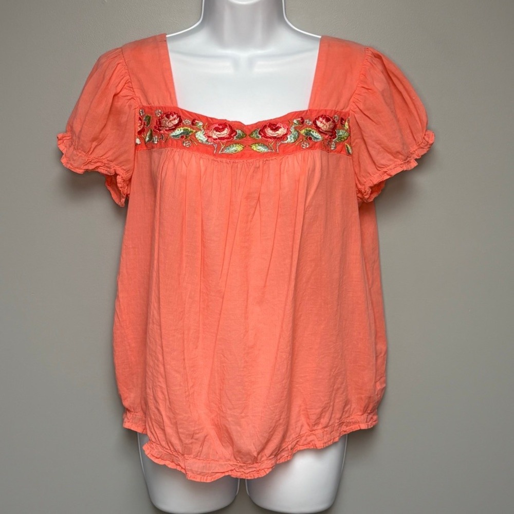 Johnny Was Pink Western Floral Resort Colorful Embroidered Peasant Top Womens M